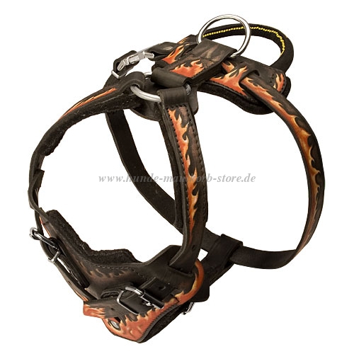 English Bulldog Leather Harness with Design "Flames"