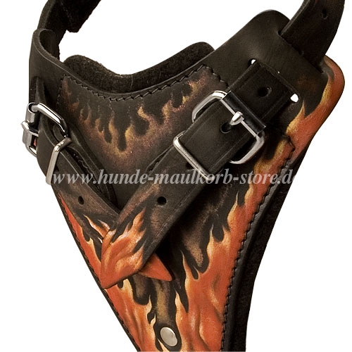 English Bulldog Leather Harness with Design "Flames"